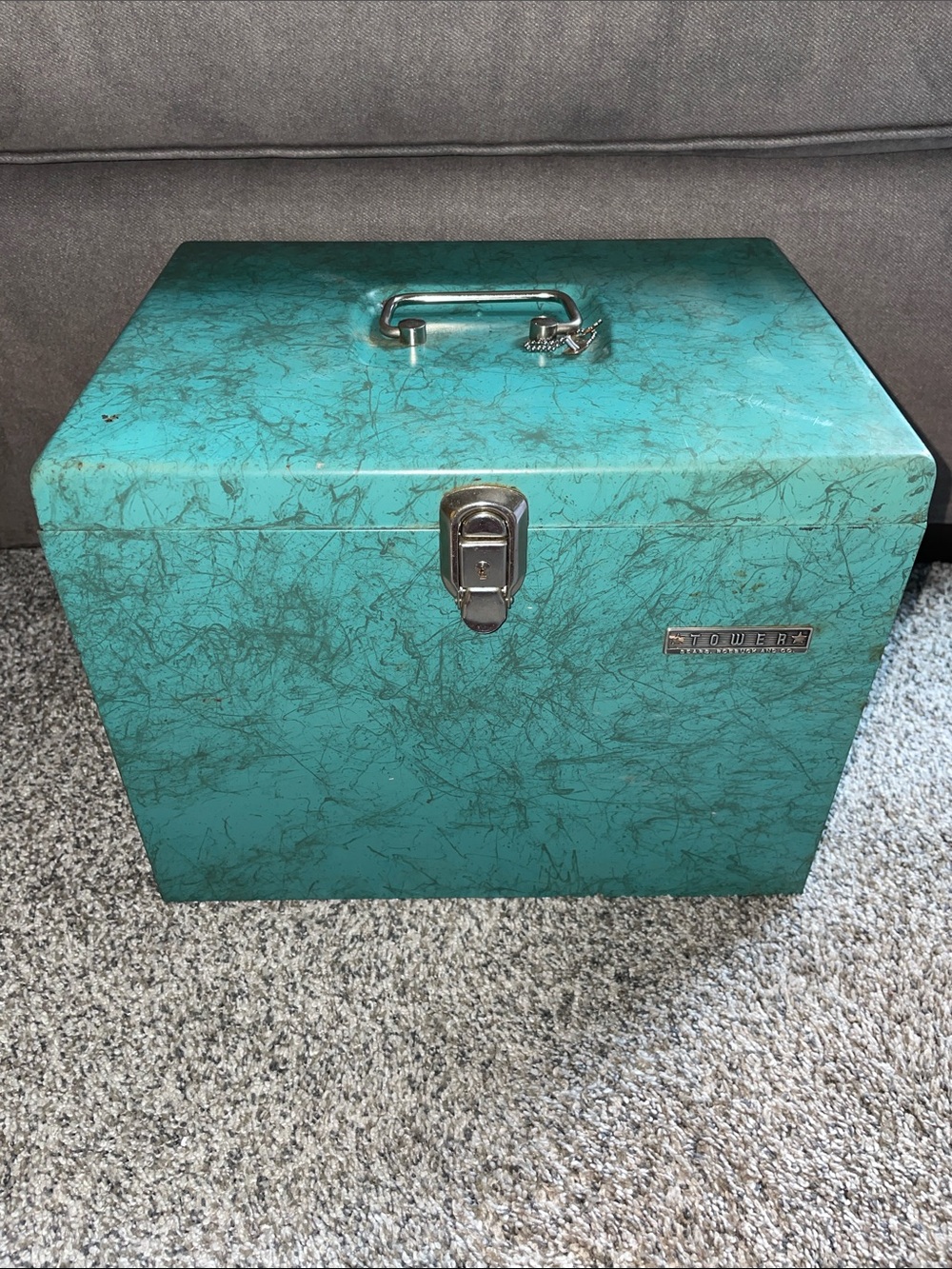 Vintage Sears Roebuck & Co. Teal Marble Pattern Metal Storage Box with Handle